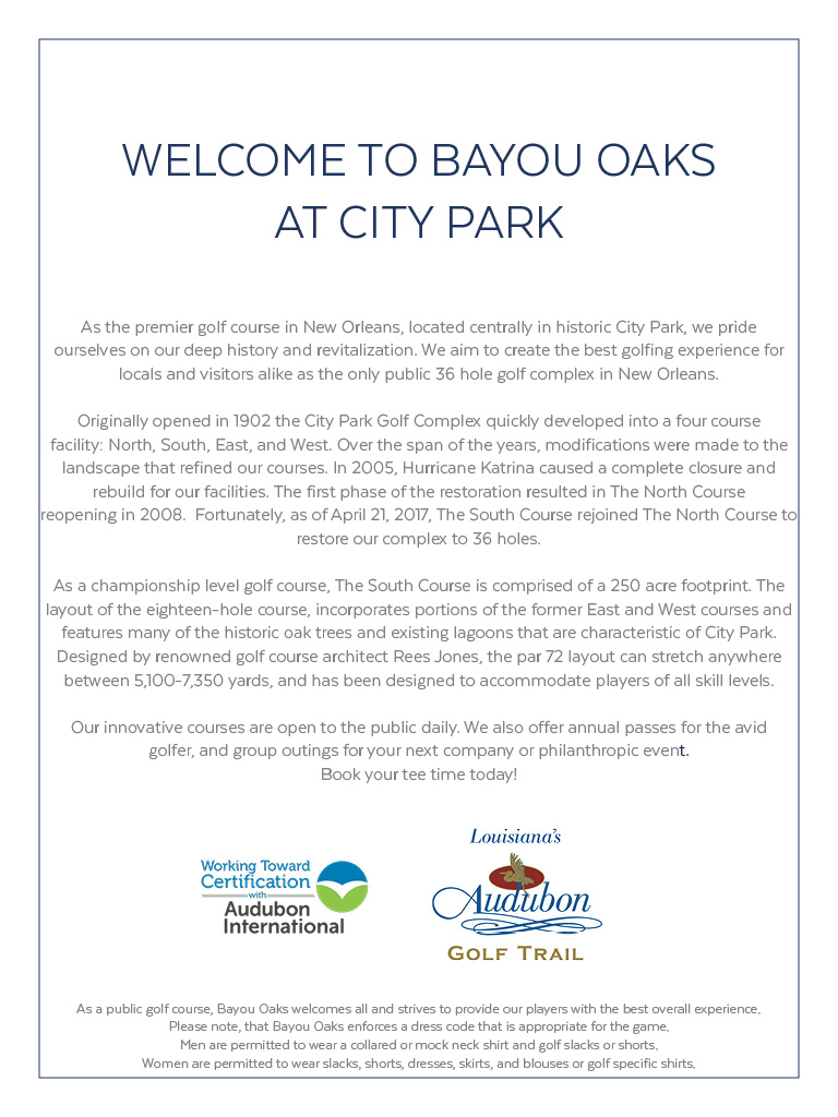 Welcome to Bayou Oaks at City Park. 